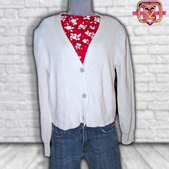 Aerie Retro Puff Shoulder Knit Cardigan Sweater, XL - Picture 4 of 6